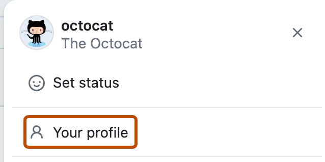 Screenshot des Dropdownmenüs unter dem Profilbild von @octocat. „Dein Profil“ ist in dunklem Orange eingerahmt.