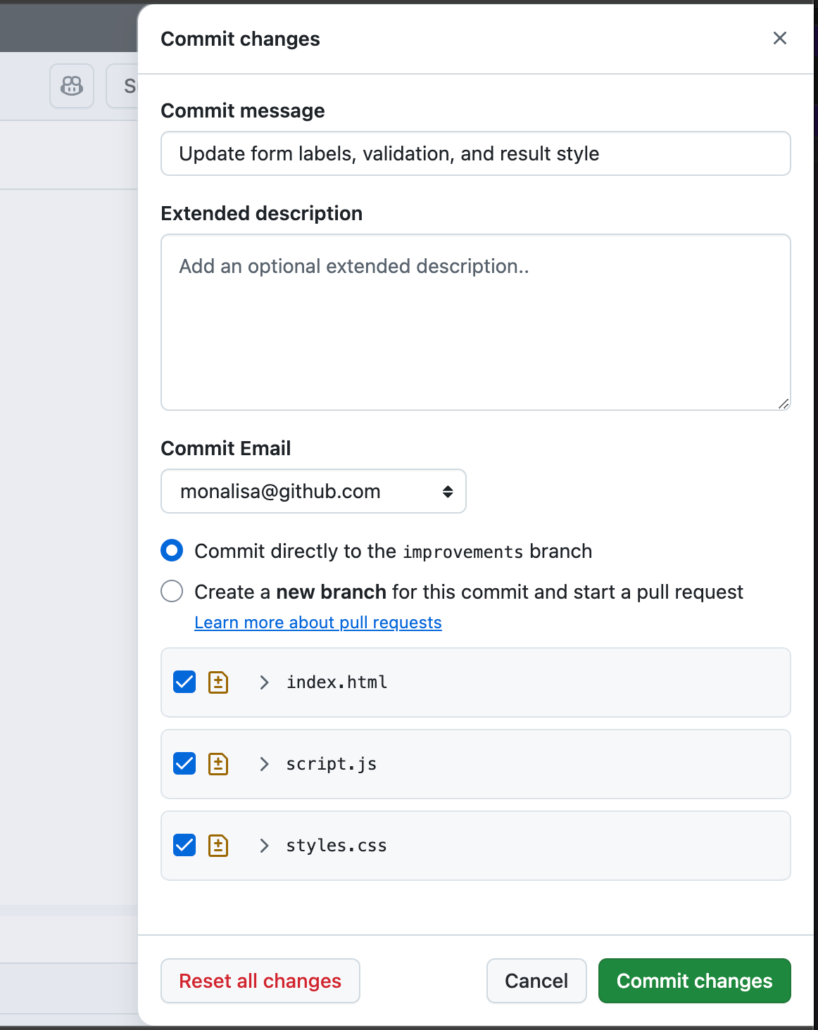 Screenshot of the "Commit changes" panel showing an autogenerated commit message and three changed files.