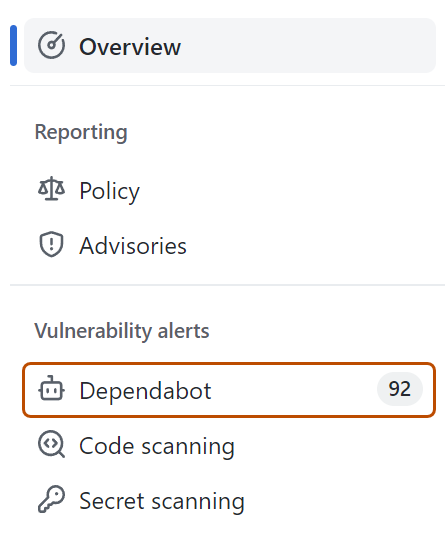 Screenshot der Sicherheitsübersicht mit dunkelorange umrandeter Registerkarte „Dependabot“.