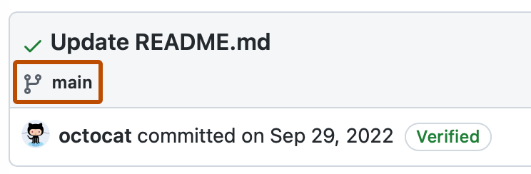 コミットの概要のスクリーンショット。 ブランチ アイコンと "メイン" がオレンジ色の枠線で強調表示されています。