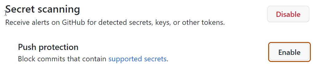 Screenshot showing how to enable push protection for secret scanning for a repository