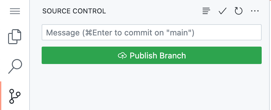 "분기 게시" 단추를 보여 주는 "소스 제어" 사이드바의 스크린샷