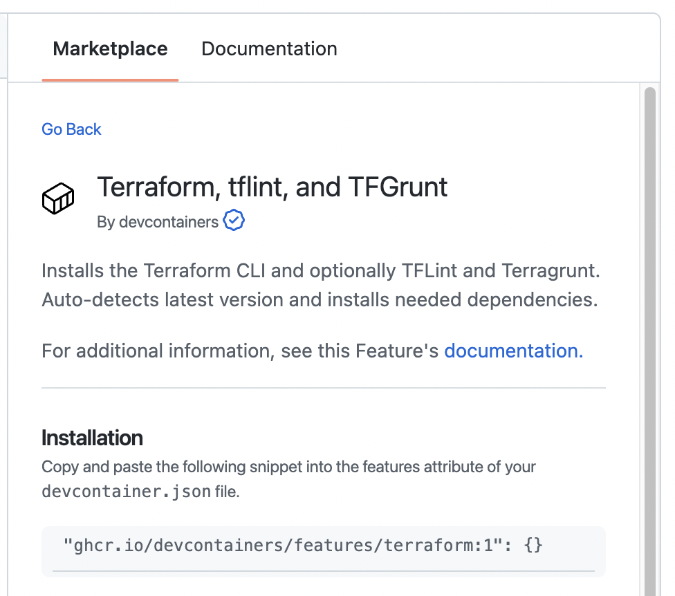 [Marketplace] タブのスクリーンショット。Terraform のインストール コードのスニペットが表示されています。