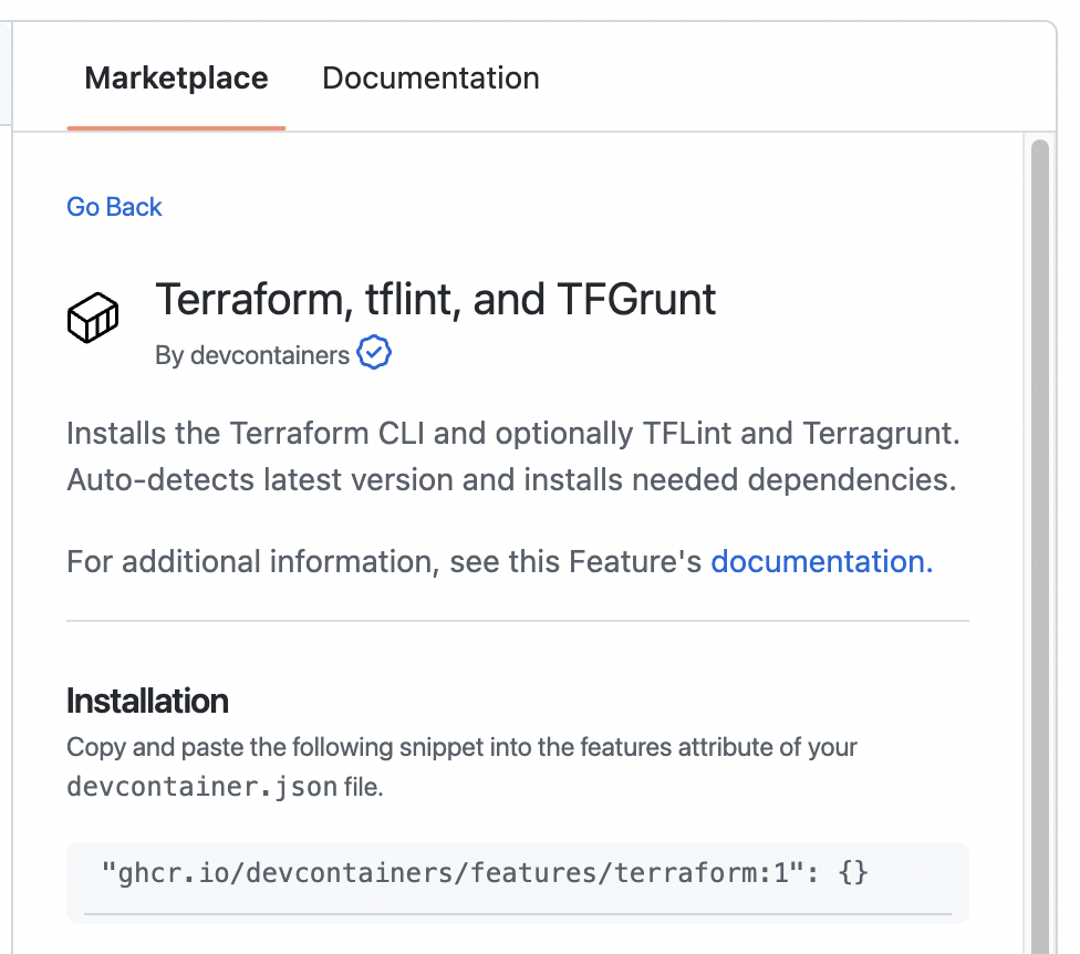 Screenshot of the "Marketplace" tab showing the installation code snippet for Terraform.