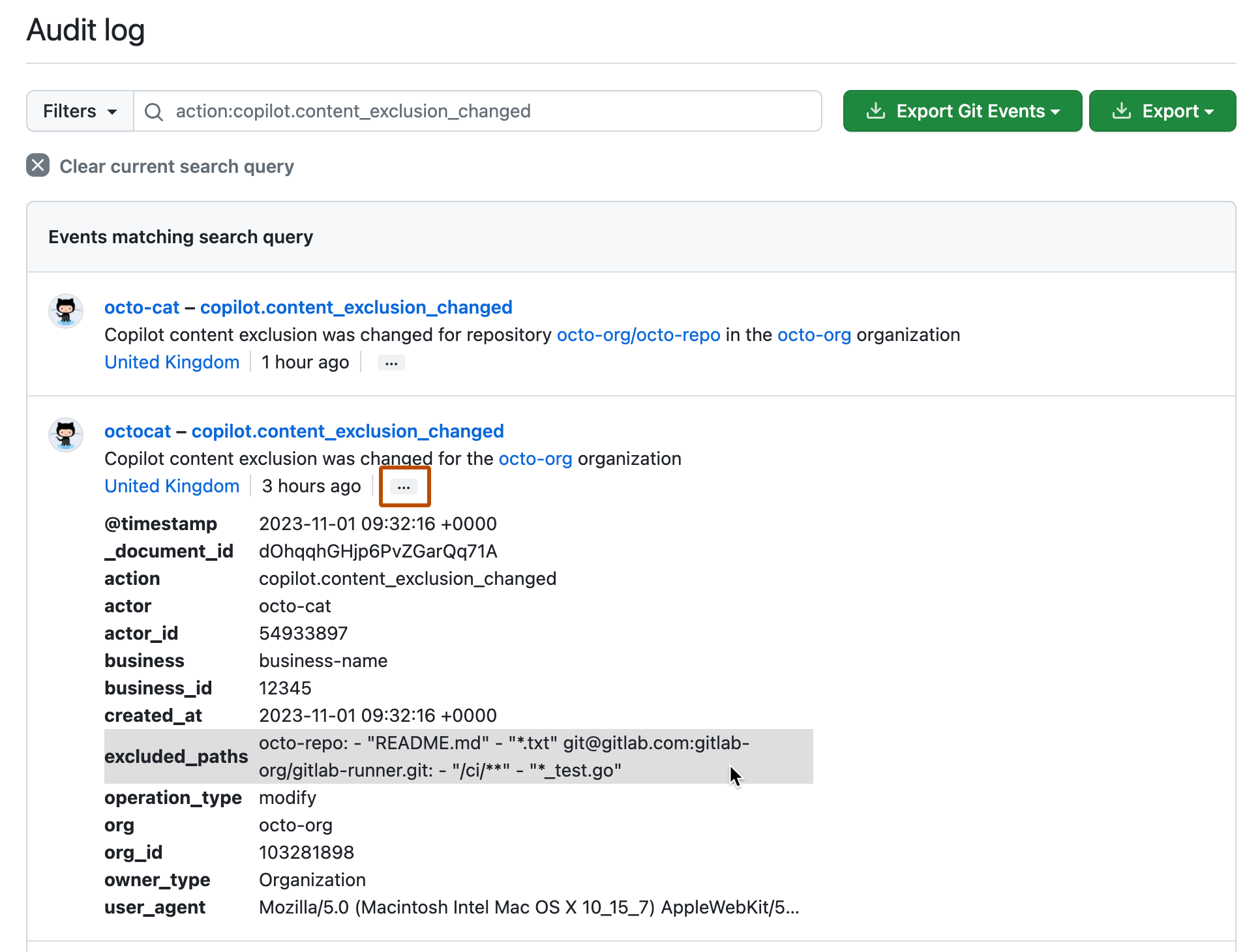 Screenshot der Überwachungsprotokolldetails für die Aktion „copilot.content_exclusion_changed“. Die Schaltfläche Auslassungspunkte ist hervorgehoben.