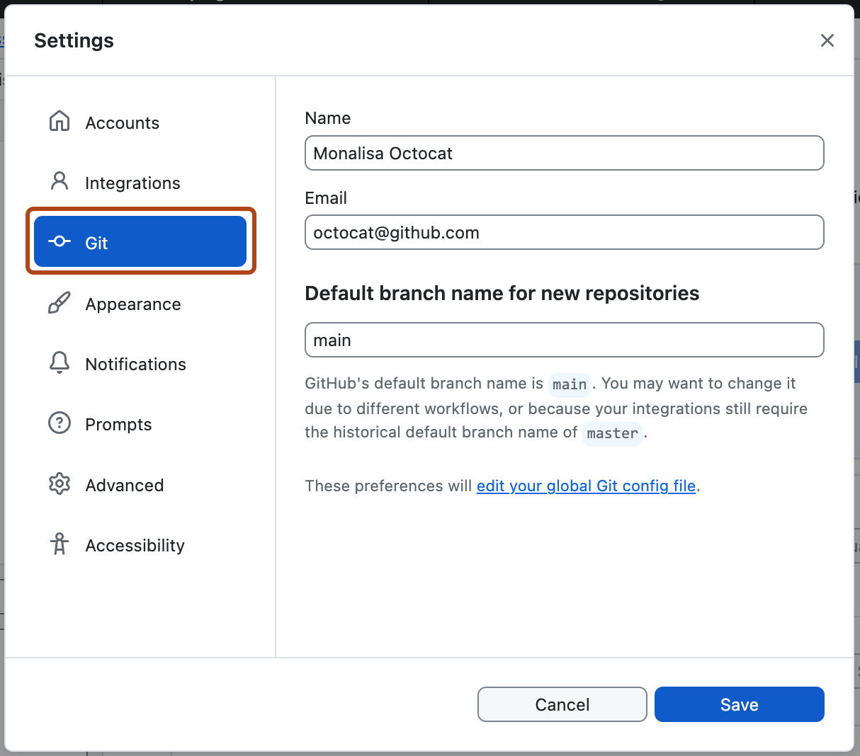 Screenshot des Bereichs „Git“ im Fenster mit den Einstellungen. In der linken Randleiste ist eine Option mit der Bezeichnung „Git“ blau hervorgehoben und orange umrandet.