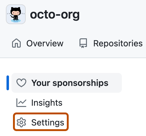 Capture d’écran de la page de présentation du parrainage pour @octo-org. Un onglet de barre latérale, intitulé « Paramètres », est souligné en orange foncé.