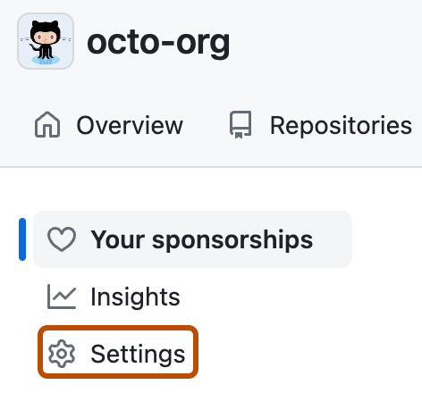 Captura de tela da página de visão geral do patrocínio para @octo-org. Uma guia da barra lateral rotulada como "Configurações", está contornada em laranja escuro.