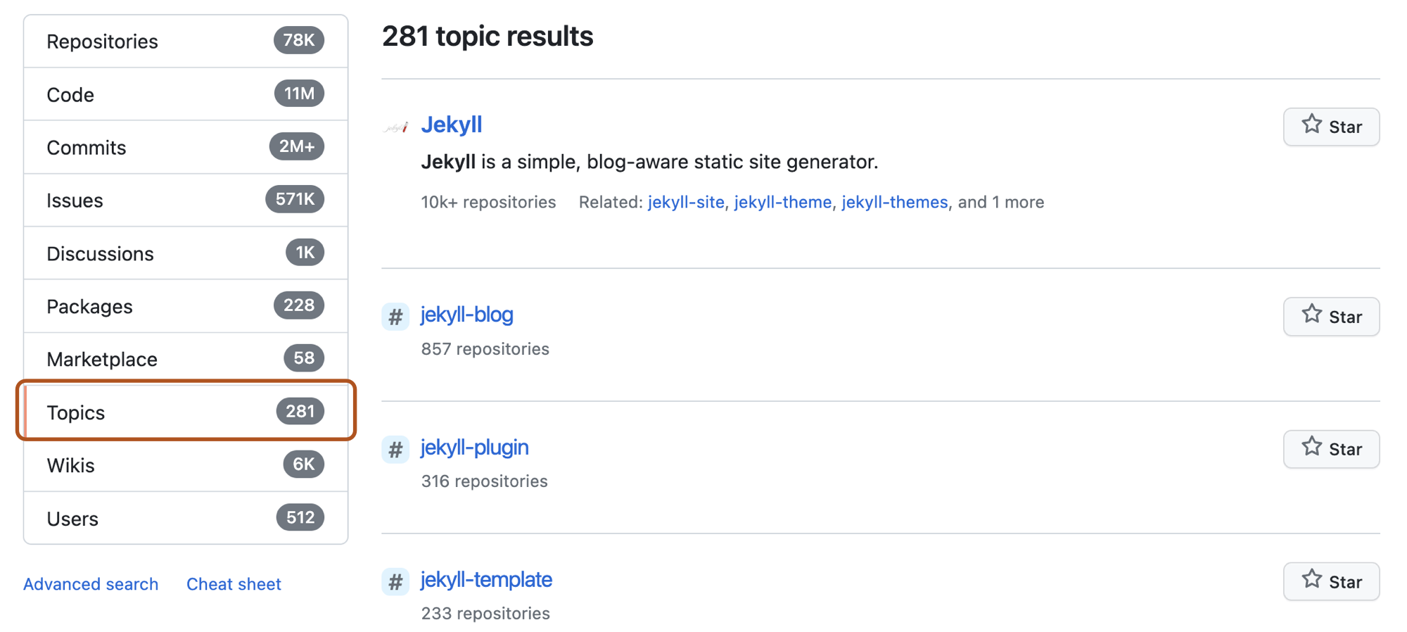 왼쪽 메뉴의 "토픽" 옵션이 진한 주황색 윤곽선으로 표시된 검색 용어 'jekyll'에 대한 리포지토리 검색 결과 페이지의 스크린샷.