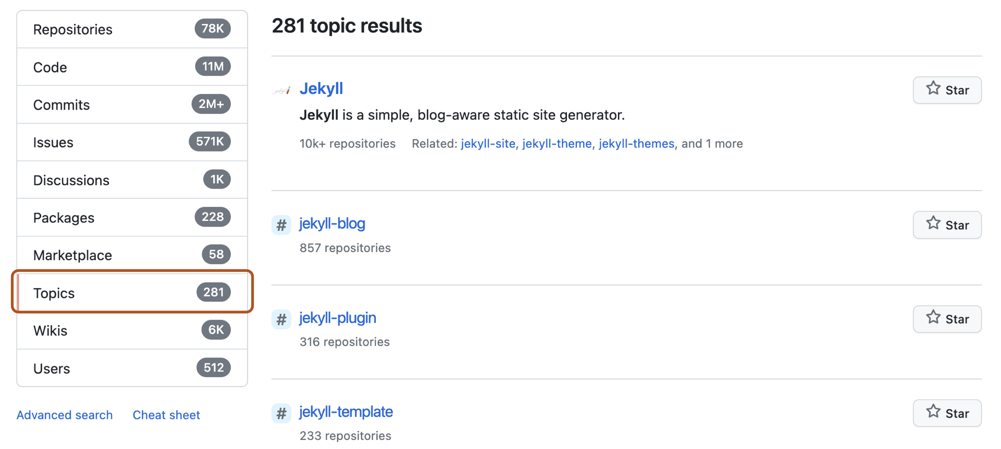  Снимок экрана: страница результатов поиска репозитория для условия поиска jekyll с параметром "Темы" в меню слева, выделенным темно-оранжевым цветом.