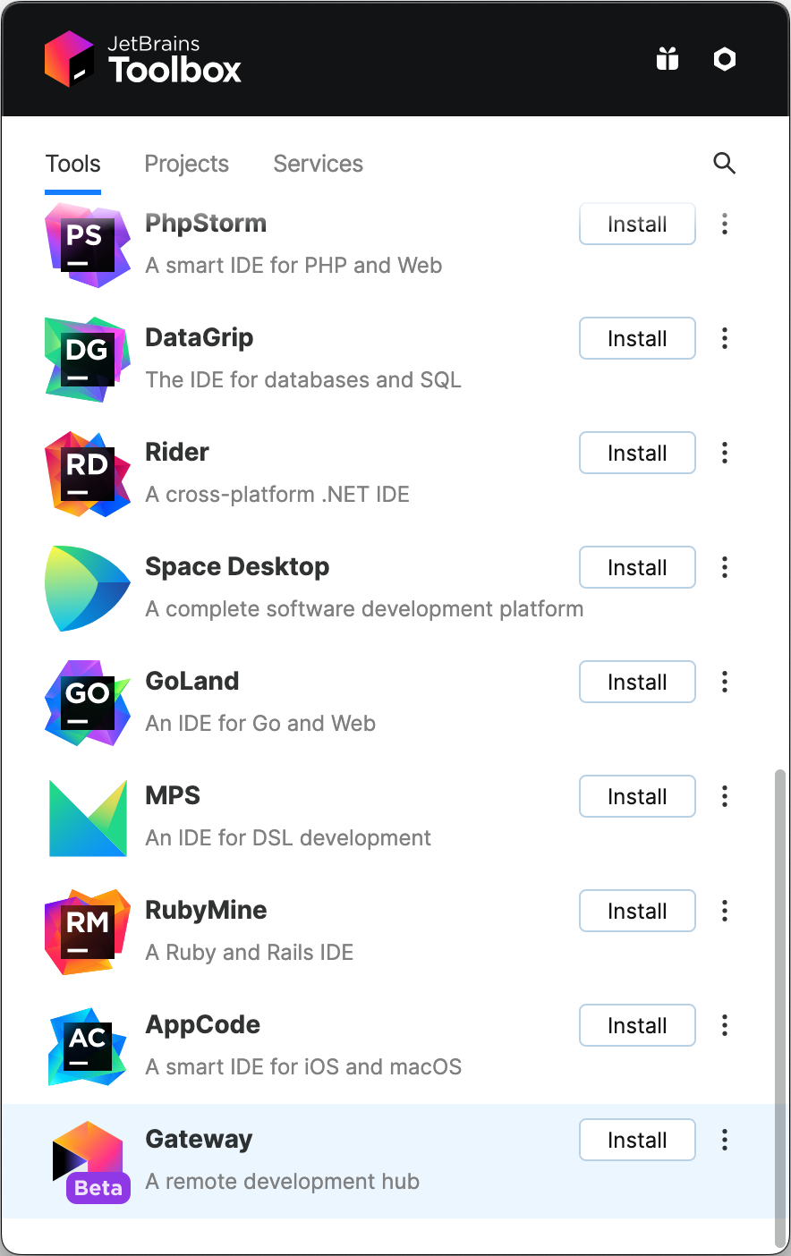 Captura de pantalla del cuadro de herramientas de JetBrains con "Gateway" en la parte inferior de la lista de aplicaciones. Cada aplicación tiene un botón "Instalar" junto a ella.