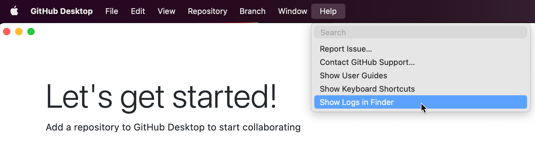 Mac 上的“GitHub Desktop”菜单栏的屏幕截图。 在展开的“帮助”下拉菜单下，光标悬停在以蓝色突出显示的“在 Finder 中显示日志”上。