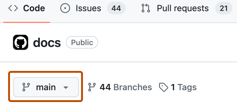 Captura de tela da página do repositório. Um menu suspenso, rotulado com um ícone de branch e "main" está realçado com um contorno laranja.