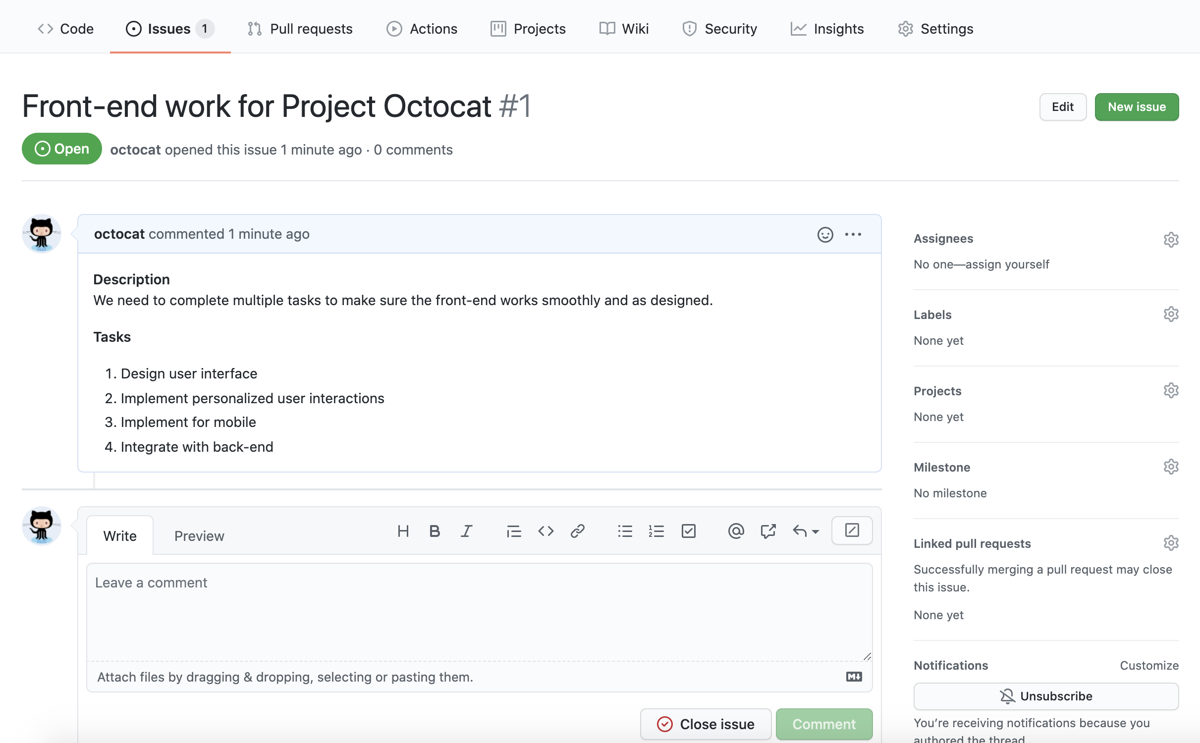 "Project Octocat에 대한 프론트엔드 작업"이라는 이슈의 스크린샷. 이슈 본문에 완료할 작업 목록이 포함되어 있습니다.