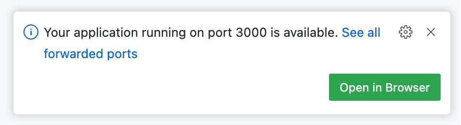 Captura de pantalla del mensaje emergente: "La aplicación que se ejecuta en el puerto 3000 está disponible". Debajo se muestra un botón verde, con la etiqueta "Abrir en el explorador".