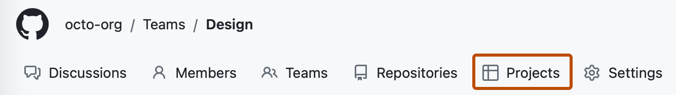 팀의 기본 페이지 스크린샷 가로 탐색 모음에서 "프로젝트" 탭은 진한 주황색으로 표시됩니다.