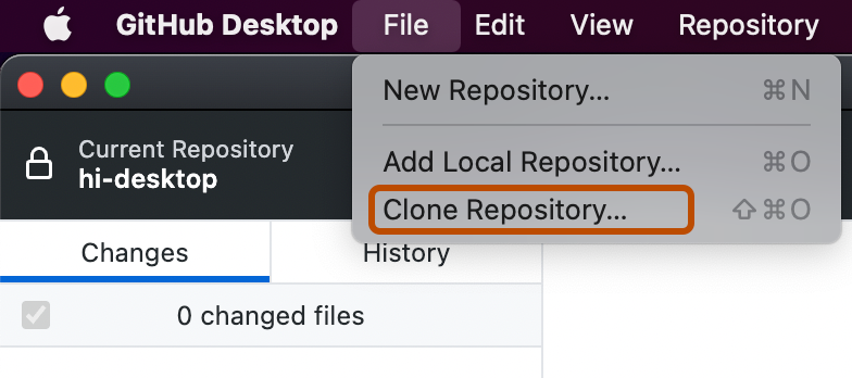 Снимок экрана: строка меню на компьютере Mac. Раскрывающееся меню "Файл" будет развернуто, а параметр "Клонировать репозиторий" выделен оранжевым контуром.