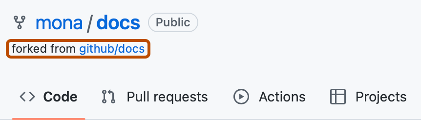 GitHub의 리포지토리 페이지 스크린샷. "mona/docs"라는 리포지토리의 이름 아래에, "github/docs에서 포크됨"이라는 텍스트가 주황색 윤곽선으로 표시됩니다.