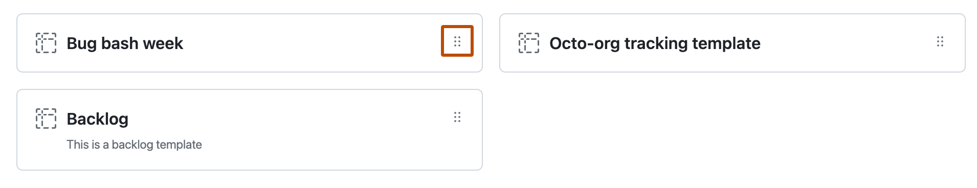 Captura de tela das configurações de modelos recomendados de uma organização. O identificador "Arrastar para reordenar" é realçada com um contorno laranja.