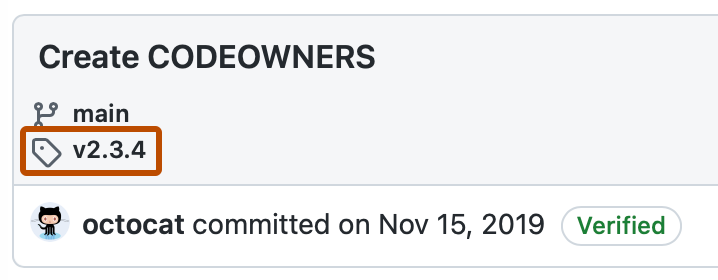 コミットの概要のスクリーンショット。 タグ アイコンと "v2.3.4" がオレンジ色の枠線で強調表示されています。