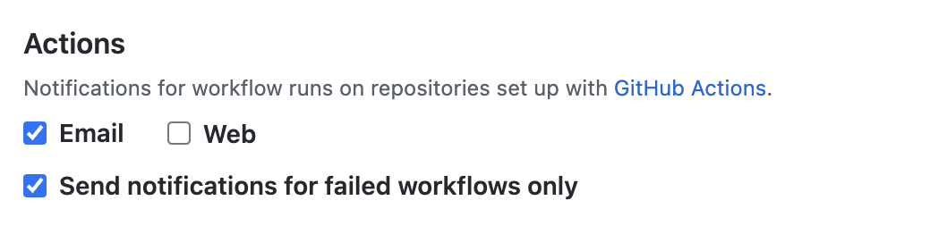 Captura de tela da seção "Ações" na página "Configurações de notificação". Três caixas de seleção, intituladas "Email", "Web" e "Enviar notificações somente para fluxos de trabalho com falha", são mostradas.