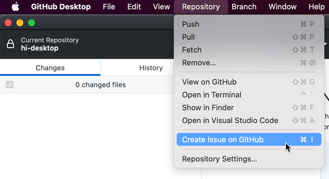 Captura de tela da barra de menus no Mac. No menu suspenso "Repositório" expandido, o cursor passa sobre "Criar problema no GitHub".