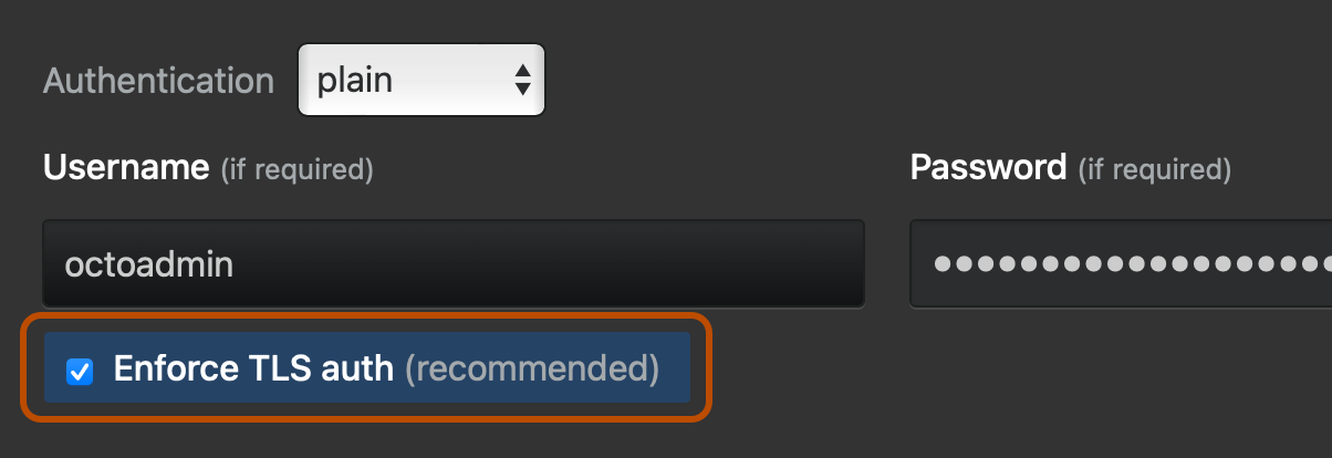 Снимок экрана: флажок "Принудительно применить проверку подлинности TLS (рекомендуется)"