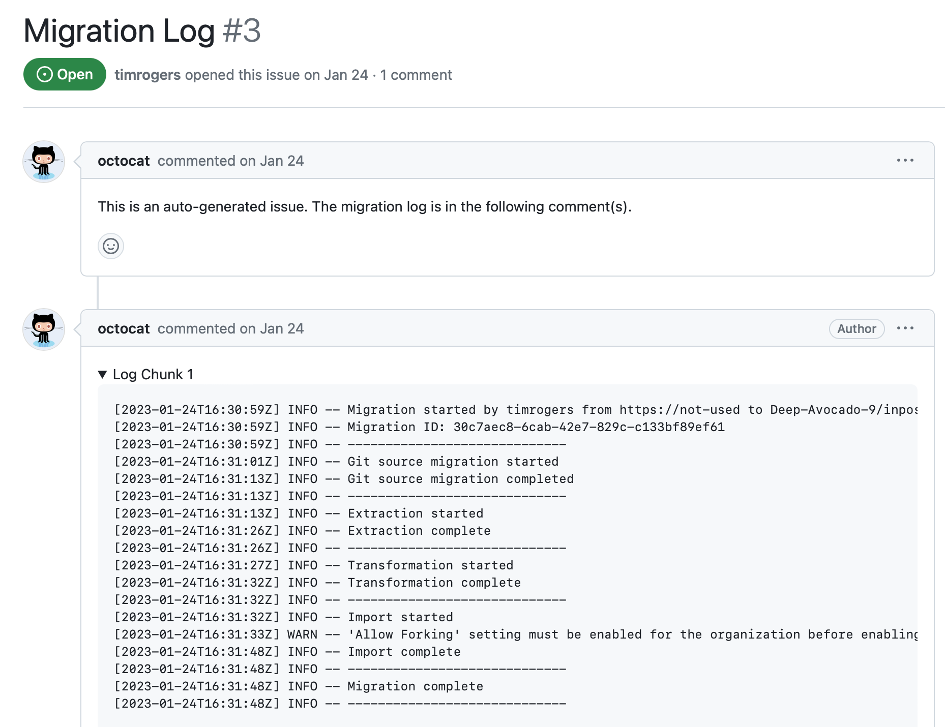 Captura de tela de um problema com o título "Log de Migração". O segundo comentário no problema inclui os logs de uma migração.
