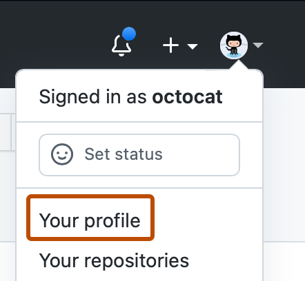 Captura de pantalla del menú desplegable en la imagen de perfil de @octocat. "Tu perfil" se destaca en naranja oscuro.