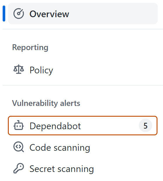 Captura de pantalla de la información general de seguridad, con la pestaña "Dependabot" resaltada con un contorno naranja oscuro.