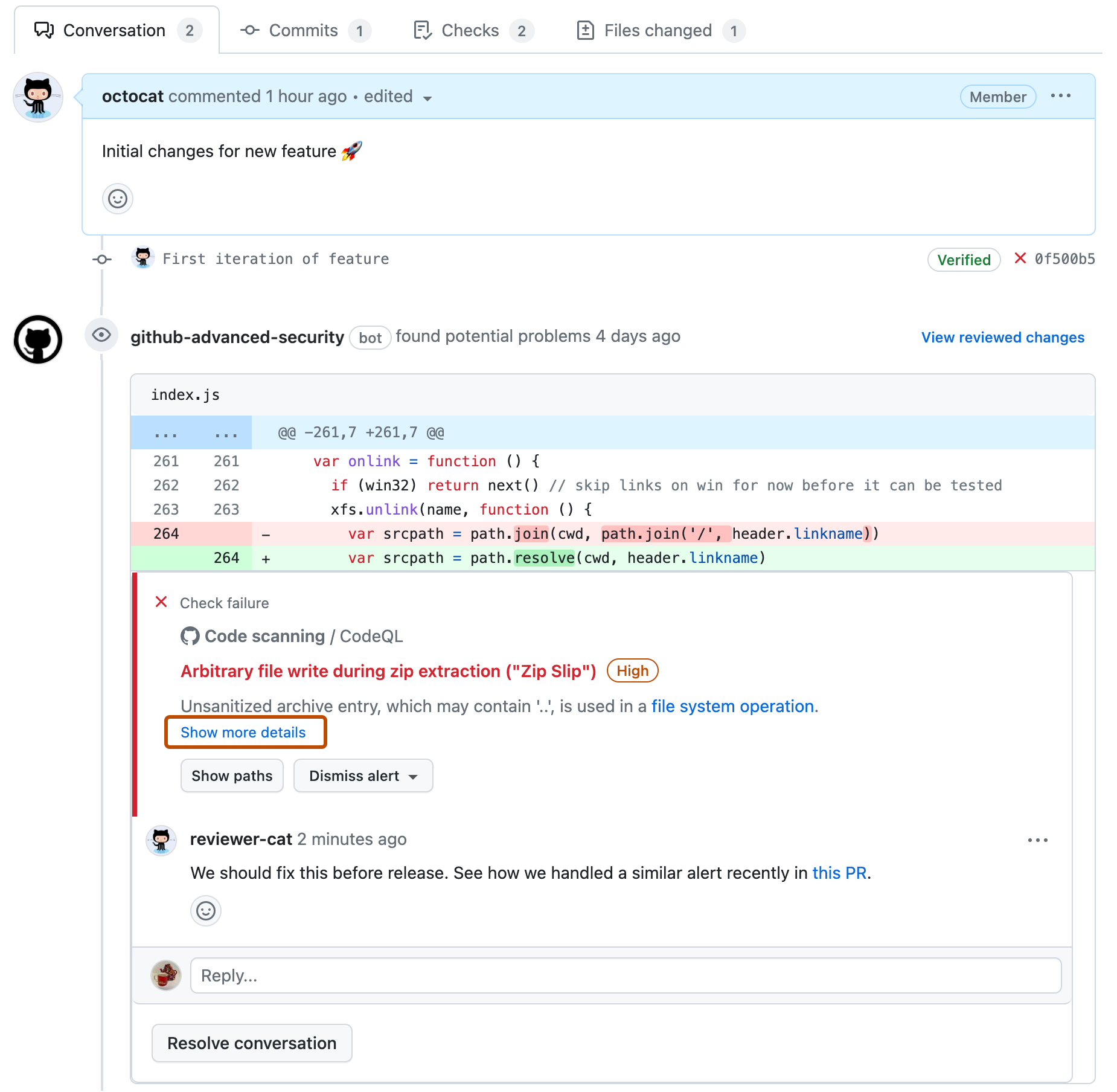 Screenshot showing an alert annotation on the "Conversations" tab of a pull request. The "Show more details" link is highlighted with a dark orange outline.