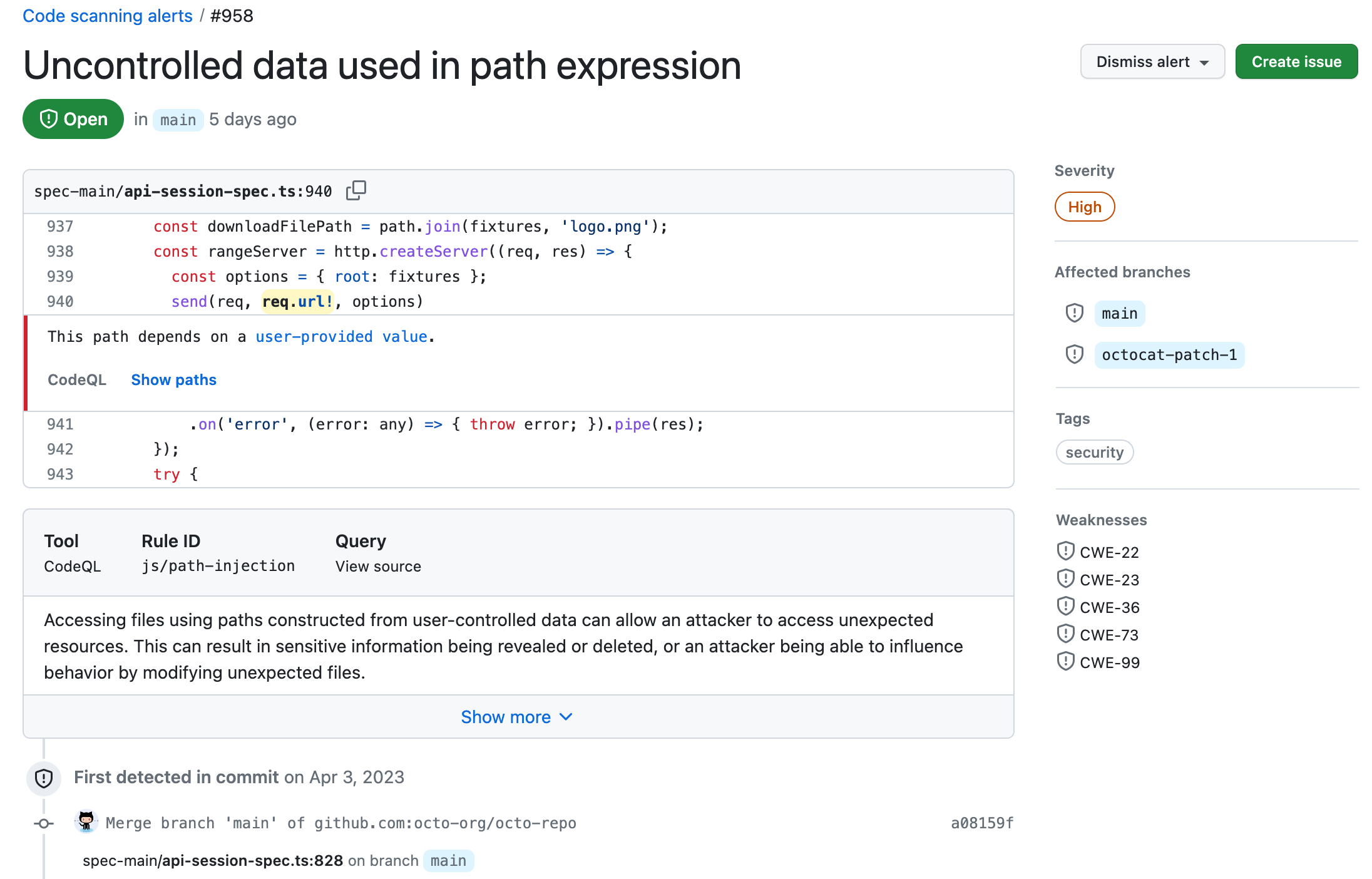 Capture d’écran montrant les éléments d’une alerte d’code scanning, notamment le titre de l’alerte et les lignes de code pertinentes à gauche, ainsi que le niveau de gravité, les branches affectées et les faiblesses à droite. 