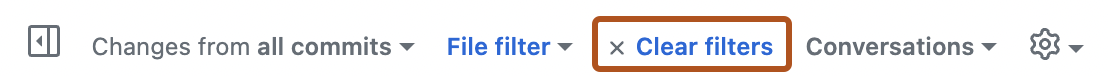 pull request の [ビュー] オプションのスクリーンショット。 [フィルターのクリア] オプションが濃いオレンジ色の枠線で囲まれています。