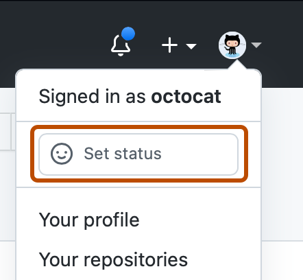 Captura de tela do menu suspenso na imagem de perfil de @octocat. Um ícone de carinha sorridente e "status de conjunto" descritos em laranja escura.