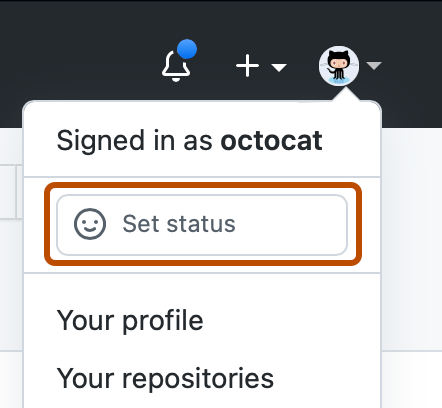 Screenshot of the dropdown menu under @octocat's profile picture. A smiley icon and "Set status" are outlined in dark orange.