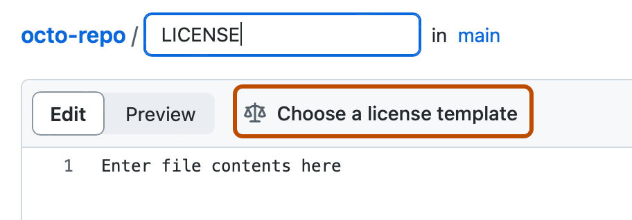 Screenshot des neuen Dateiformulars, in dem „LICENSE“ in das Feld „Dateiname“ eingegeben wurde. Die Schaltfläche „Lizenzvorlage auswählen“ ist dunkelorange umrandet.