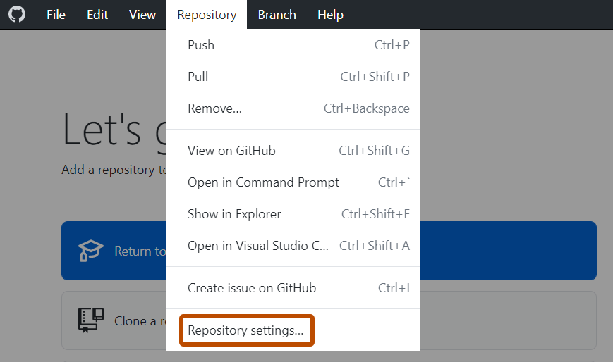 Windows의 "GitHub Desktop" 메뉴 모음 스크린샷 열린 "리포지토리" 드롭다운 메뉴에서 "리포지토리 설정"이라는 레이블이 지정된 옵션이 주황색으로 표시됩니다.