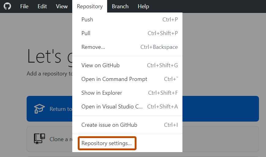 Captura de tela da barra de menus "GitHub Desktop" no Windows. No menu suspenso "Repositório" que é aberto, há uma opção rotulada "Configurações do repositório" com o contorno em laranja.