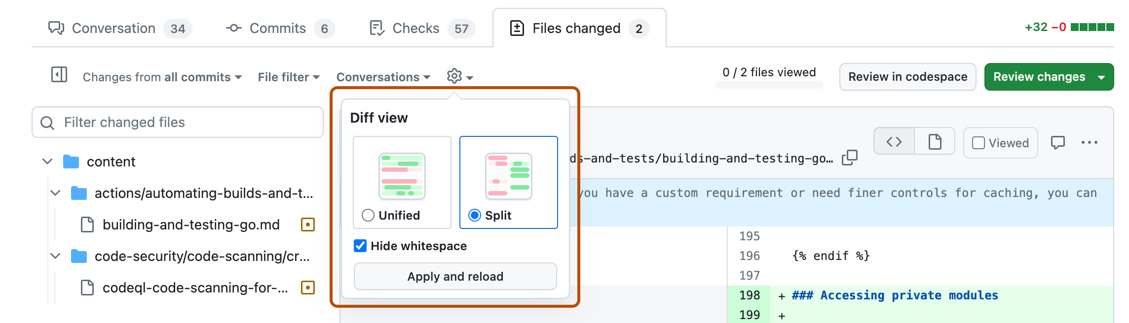 Screenshot of the "Files changed" tab for a pull request. The "Diff view" menu is outlined in dark orange.