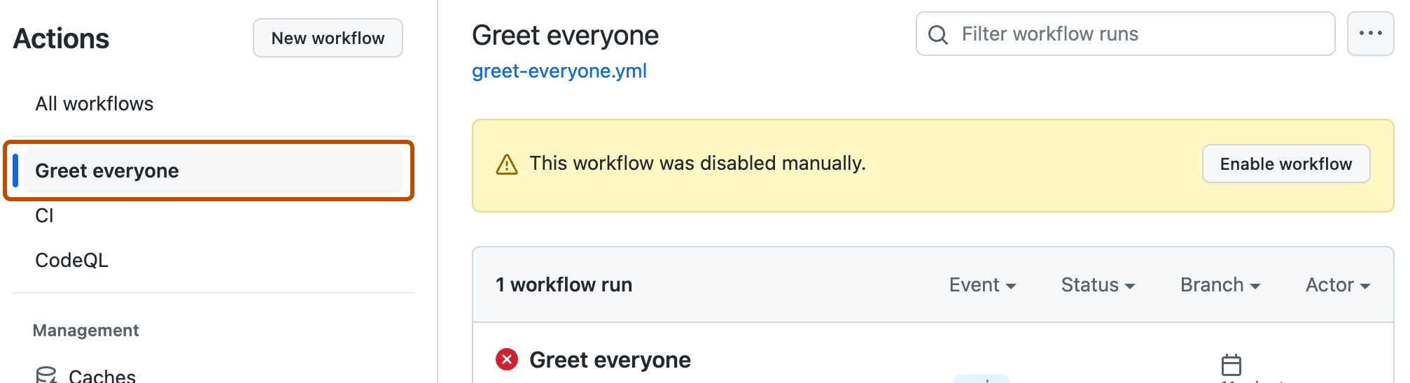 Actions select disabled workflow