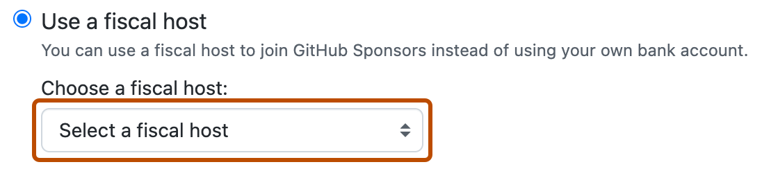 Captura de pantalla de las opciones de host fiscal para un perfil de patrocinador. Un menú desplegable contraído con la etiqueta "Seleccionar un host fiscal" se resalta en naranja oscuro.