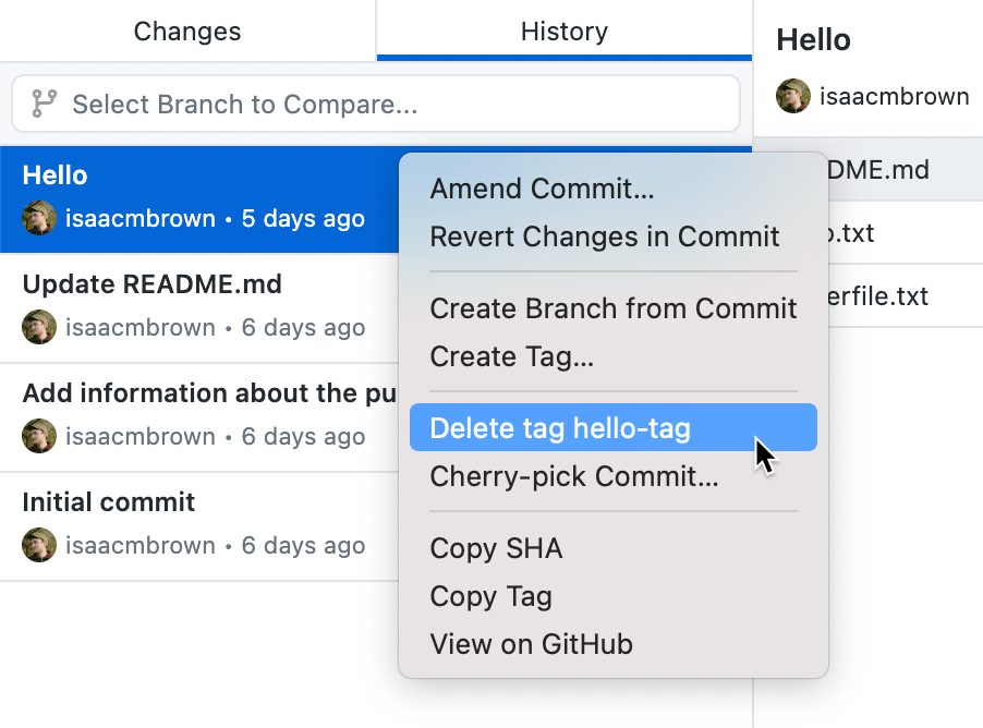Captura de tela de uma lista de commits na guia "Histórico". Ao lado de um commit, em um menu de contexto, o cursor passa sobre uma opção denominada "Excluir tag hello-tag"