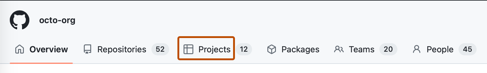 Captura de tela da barra de navegação horizontal de uma organização. Uma guia, rotulada com um ícone de tabela e "Projetos", tem um contorno laranja escuro.
