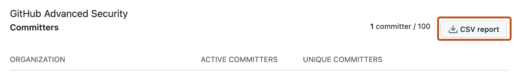 GitHub Advanced Security 许可屏幕的屏幕截图。 “CSV 报表”按钮以橙色边框突出显示。