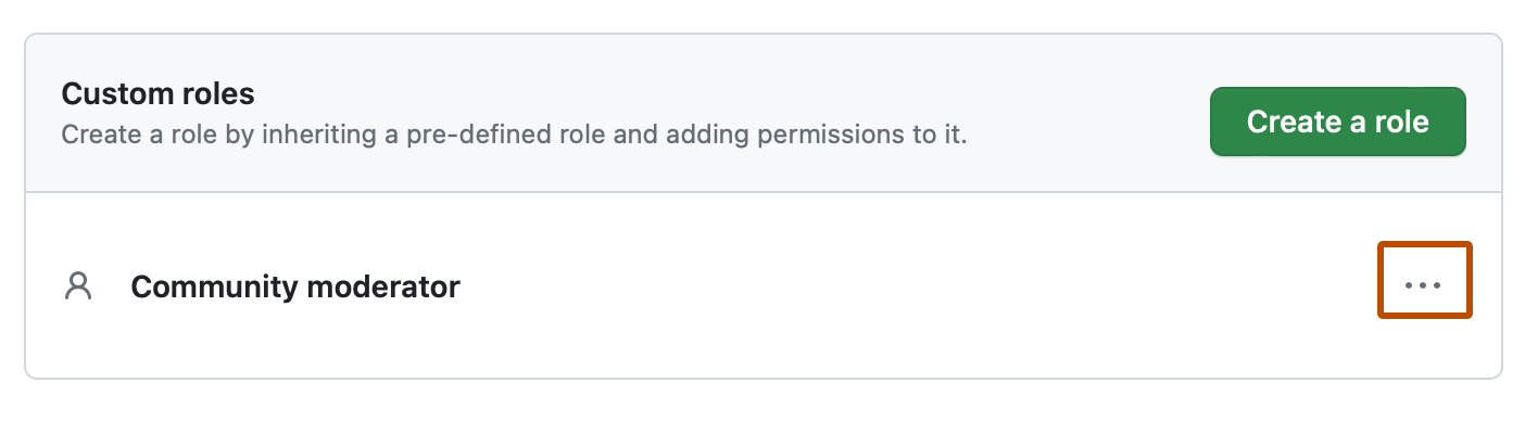 Captura de pantalla de la lista de roles personalizados de una organización. A la derecha de un rol, se resalta un icono de kebab en naranja oscuro.