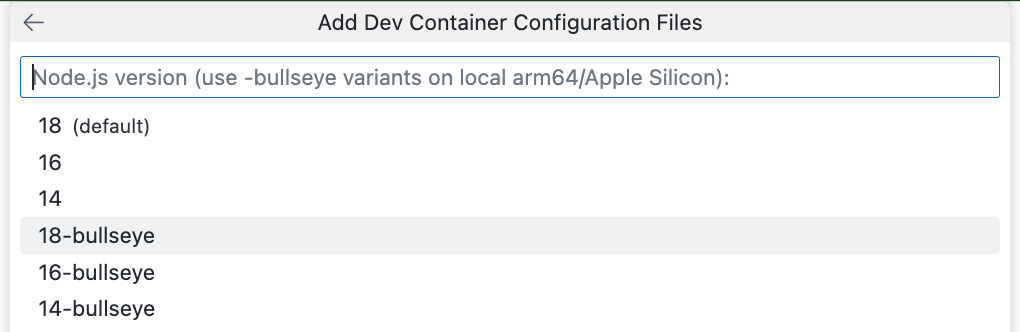 Screenshot of the "Add Dev Container Configuration Files" dropdown, showing a variety of Node versions, including "18 (default)."