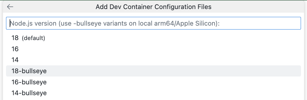 Captura de tela do menu suspenso "Adicionar arquivos de configuração do contêiner de desenvolvimento", mostrando uma variedade de versões do Node, incluindo "18 (padrão)".