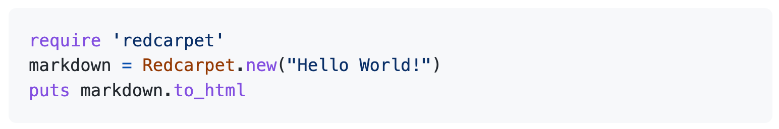 Captura de tela de três linhas de código Ruby, conforme exibidas no GitHub. Os elementos do código são exibidos em tipos púrpura, azul e vermelho, para facilitar a escaneabilidade.