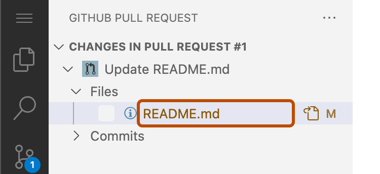Captura de pantalla de la barra lateral "Solicitud de incorporación de cambios de GitHub". Un nombre de archivo está resaltado con un contorno naranja oscuro.