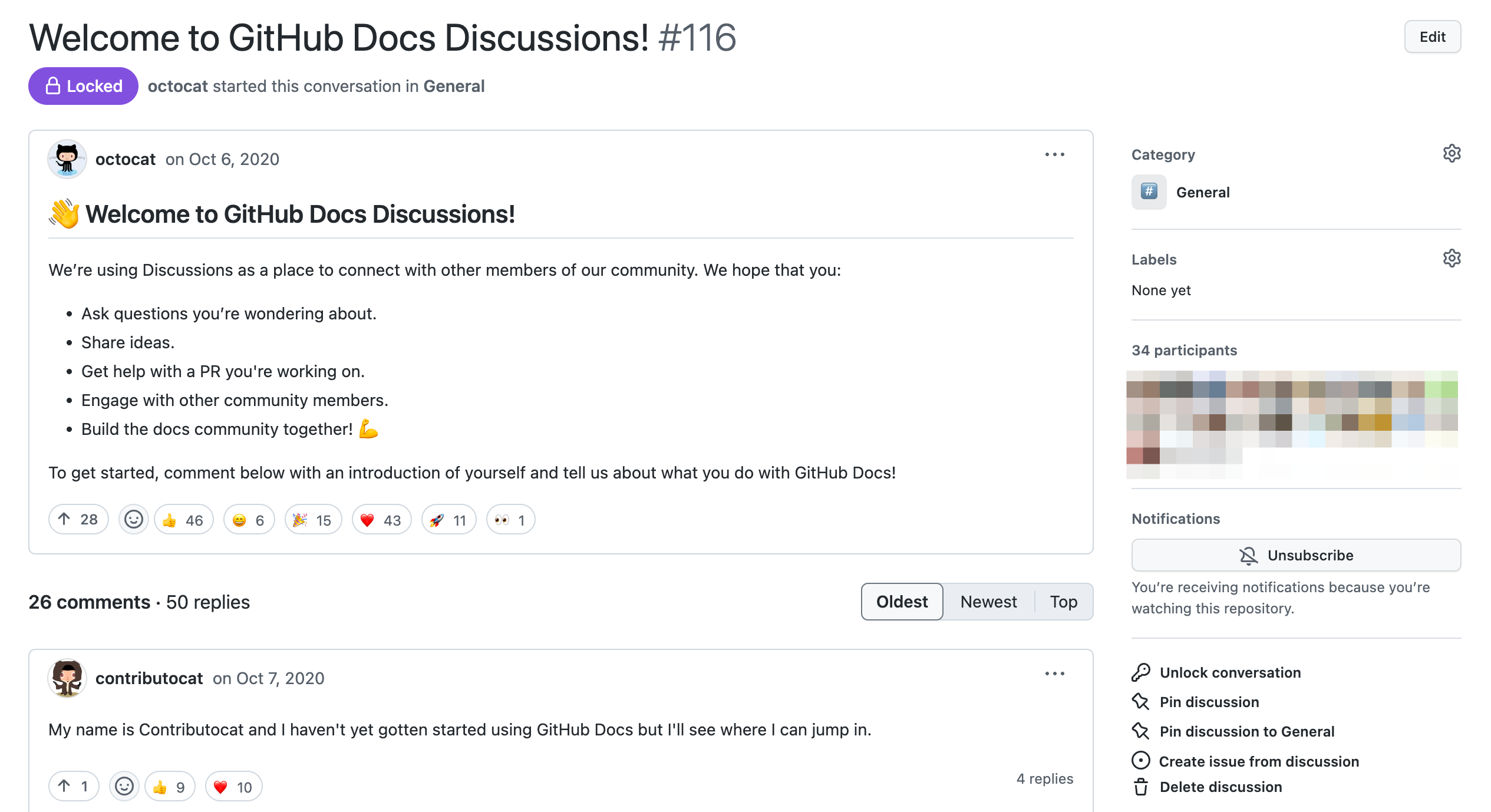 ディスカッションの例のスクリーンショット。"Welcome to GitHub Docs Discussions" (GitHub Docs のディスカッションへようこそ) というタイトルです。